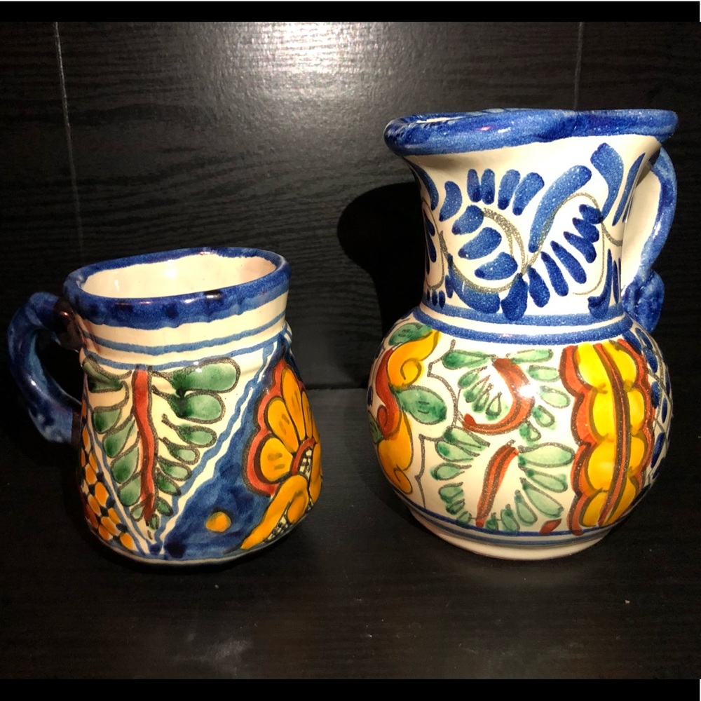 Vintage Talavera Mexican Art Pottery Kitchen Pitcher And Mug Hand Painted Signed
